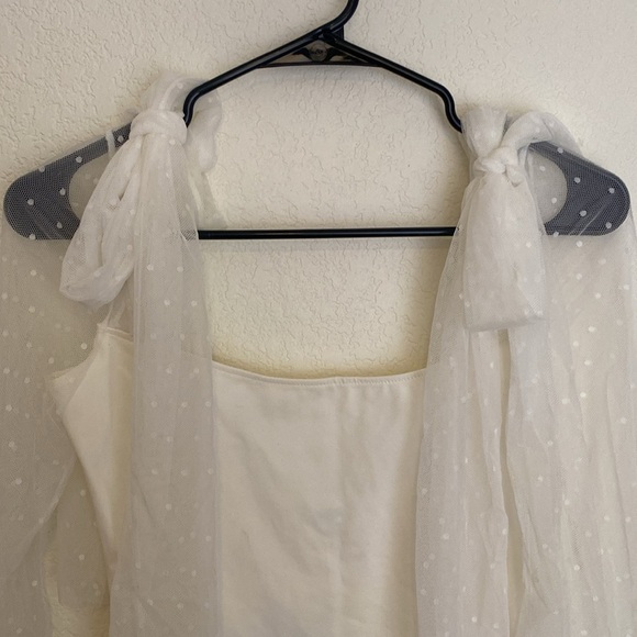NWOT Free People Bodysuit Tongue Tied Ivory Sheer Bowtie Square Neck Long Sleeve - Picture 5 of 7